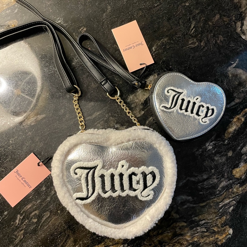 Juicy Couture Metallic Silver Shear Genius Heart Bag & Wristlet
